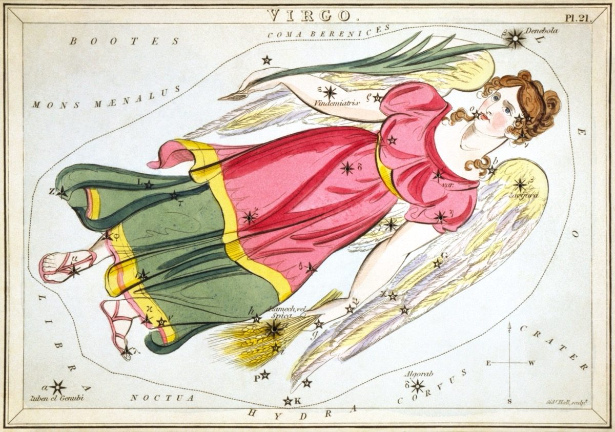 Hand-colored 1825 star chart of the Virgo constellation from Urania's Mirror, showing the Maiden holding a sheaf of wheat